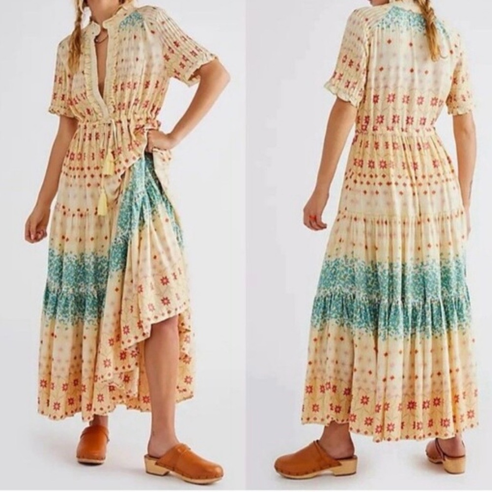 Free People Cream Maxi Dress with Teal & Coral Accents
